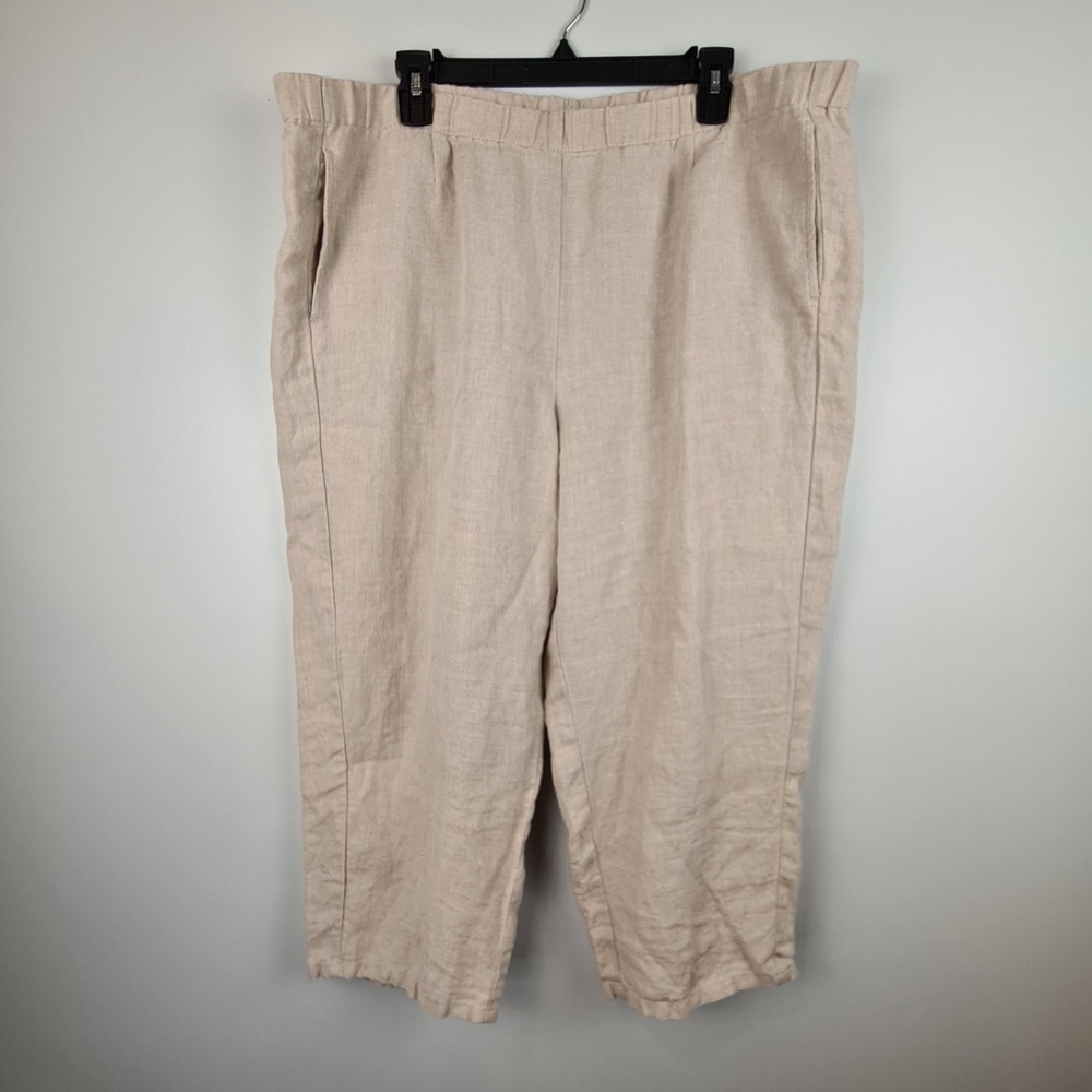J.Jill Love Linen Beige Cropped Pants Womens XL 100% Linen Elastic Waist Relaxed